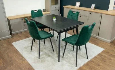 Set Masă Living Extensibilă DTM0101 Blat Ceramic Gri cu 4 Scaune Tapițate KJC0358 Verzi