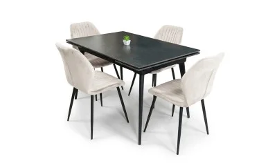 Set Masă Living Extensibilă DTM0101 Blat Ceramic Gri cu 4 Scaune Tapițate KJC104 Bej