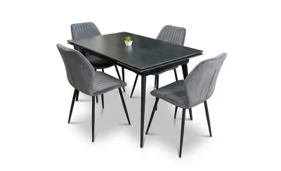 Set Masă Living Extensibilă DTM0101 Blat Ceramic Gri cu 4 Scaune Tapițate KJC104 Gri