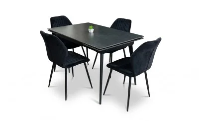 Set Masă Living Extensibilă DTM0101 Blat Ceramic Gri cu 4 Scaune Tapițate KJC104 Negre