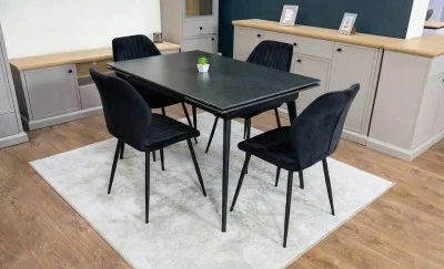 Set Masă Living Extensibilă DTM0101 Blat Ceramic Gri cu 4 Scaune Tapițate KJC104 Negre
