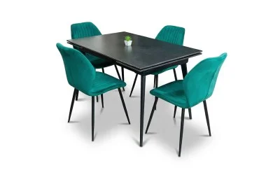 Set Masă Living Extensibilă DTM0101 Blat Ceramic Gri cu 4 Scaune Tapițate KJC104 Verzi