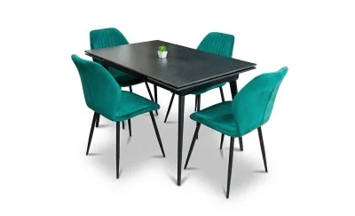 Set Masă Living Extensibilă DTM0101 Blat Ceramic Gri cu 4 Scaune Tapițate KJC104 Verzi