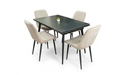 Set Masă Living Extensibilă DTM0101 Blat Ceramic Gri cu 4 Scaune Tapițate KJC176 Bej