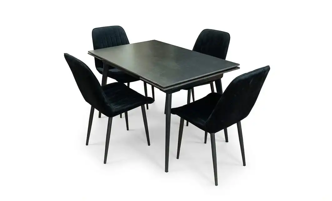 Set Masă Living Extensibilă DTM0101 Blat Ceramic Gri cu 4 Scaune Tapițate KJC176 Negre 1