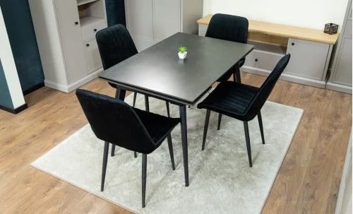 Set Masă Living Extensibilă DTM0101 Blat Ceramic Gri cu 4 Scaune Tapițate KJC176 Negre