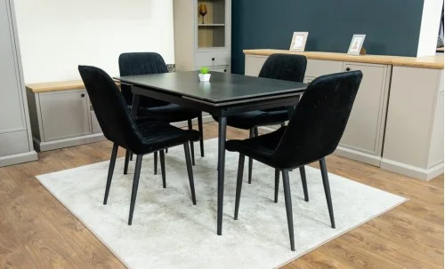 Set Masă Living Extensibilă DTM0101 Blat Ceramic Gri cu 4 Scaune Tapițate KJC176 Negre