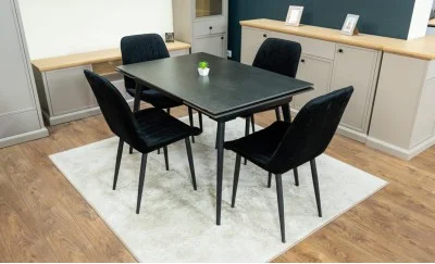 Set Masă Living Extensibilă DTM0101 Blat Ceramic Gri cu 4 Scaune Tapițate KJC176 Negre