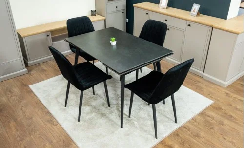 Set Masă Living Extensibilă DTM0101 Blat Ceramic Gri cu 4 Scaune Tapițate KJC176 Negre