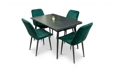 Set Masă Living Extensibilă DTM0101 Blat Ceramic Gri cu 4 Scaune Tapițate KJC176 Verzi