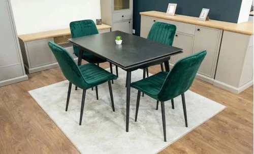 Set Masă Living Extensibilă DTM0101 Blat Ceramic Gri cu 4 Scaune Tapițate KJC176 Verzi