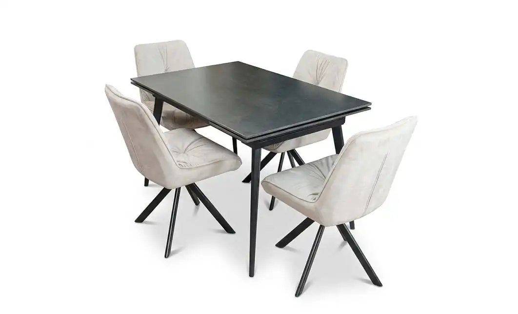 Set Masă Living Extensibilă DTM0101 Blat Ceramic Gri cu 4 Scaune Rotative KJC356 Bej 1