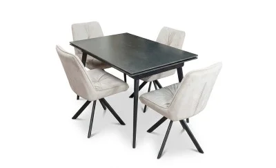 Set Masă Living Extensibilă DTM0101 Blat Ceramic Gri cu 4 Scaune Rotative KJC356 Bej