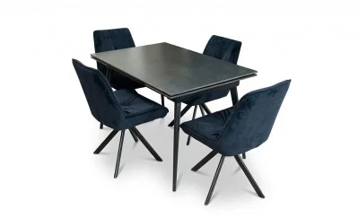 Set Masă Living Extensibilă DTM0101 Blat Ceramic Gri cu 4 Scaune Rotative KJC356 Negre