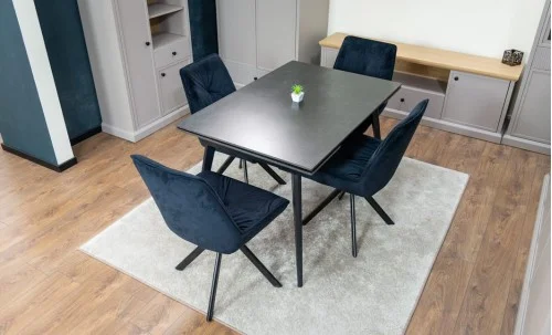 Set Masă Living Extensibilă DTM0101 Blat Ceramic Gri cu 4 Scaune Rotative KJC356 Negre