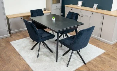 Set Masă Living Extensibilă DTM0101 Blat Ceramic Gri cu 4 Scaune Rotative KJC356 Negre