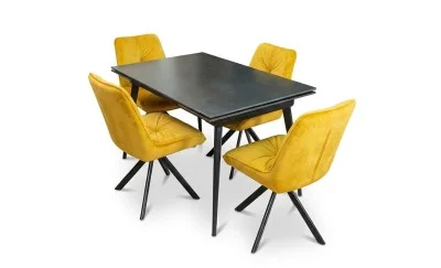 Set Masă Living Extensibilă DTM0101 Blat Ceramic Gri cu 4 Scaune Rotative KJC356 Galbene