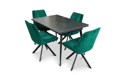 Set Masă Living Extensibilă DTM0101 Blat Ceramic Gri cu 4 Scaune Rotative KJC356 Verzi