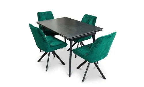 Set Masă Living Extensibilă DTM0101 Blat Ceramic Gri cu 4 Scaune Rotative KJC356 Verzi