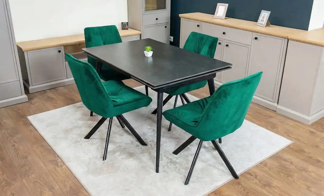 Set Masă Living Extensibilă DTM0101 Blat Ceramic Gri cu 4 Scaune Rotative KJC356 Verzi