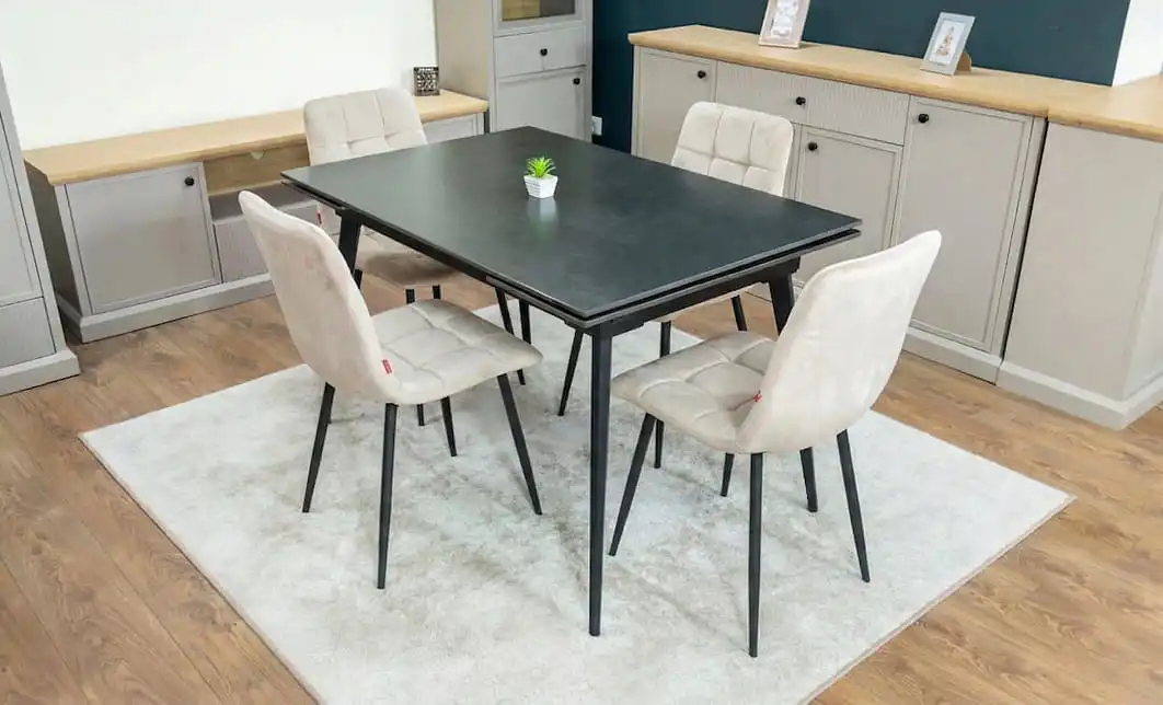 Set Masă Living Extensibilă DTM0101 Blat Ceramic Gri cu 4 Scaune Tapițate KJC37 Bej
