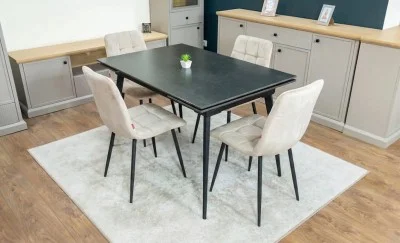 Set Masă Living Extensibilă DTM0101 Blat Ceramic Gri cu 4 Scaune Tapițate KJC37 Bej