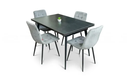 Set Masă Living Extensibilă DTM0101 Blat Ceramic Gri cu 4 Scaune Tapițate KJC37 Gri