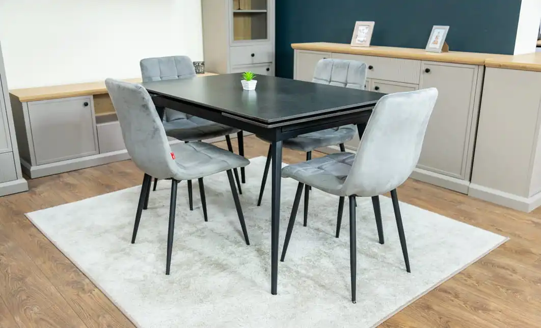 Set Masă Living Extensibilă DTM0101 Blat Ceramic Gri cu 4 Scaune Tapițate KJC37 Gri 4