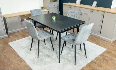 Set Masă Living Extensibilă DTM0101 Blat Ceramic Gri cu 4 Scaune Tapițate KJC37 Gri