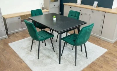 Set Masă Living Extensibilă DTM0101 Blat Ceramic Gri cu 4 Scaune Tapițate KJC37 Verzi