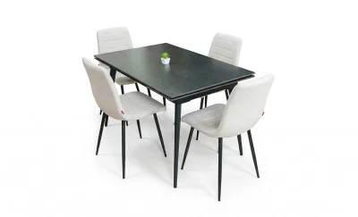 Set Masă Living Extensibilă DTM0101 Blat Ceramic Gri cu 4 Scaune Tapițate KJC5341 Bej