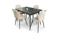 Set Masă Living Extensibilă DTM0101 Blat Ceramic Gri cu 4 Scaune Tapițate MC06 Bej 1