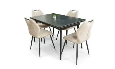 Set Masă Living Extensibilă DTM0101 Blat Ceramic Gri cu 4 Scaune Tapițate MC06 Bej
