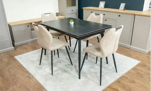 Set Masă Living Extensibilă DTM0101 Blat Ceramic Gri cu 4 Scaune Tapițate MC06 Bej