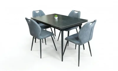 Set Masă Living Extensibilă DTM0101 Blat Ceramic Gri cu 4 Scaune Tapițate MC06 Gri