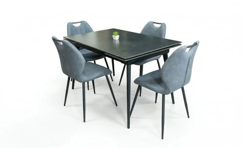 Set Masă Living Extensibilă DTM0101 Blat Ceramic Gri cu 4 Scaune Tapițate MC06 Gri