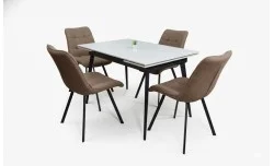 Set Masă Living Extensibilă DTM0101CS Bej cu 4 Scaune Tapițate DCM1801CF Maro
