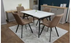 Set Masă Living Extensibilă DTM0101CS Bej cu 4 Scaune Tapițate DCM1801CF Maro