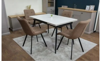 Set Masă Living Extensibilă DTM0101CS Bej cu 4 Scaune Tapițate DCM1801CF Maro