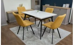 Set Masă Living Extensibilă DTM0101CS Bej cu 4 Scaune Tapițate DCM1801CF Muștar
