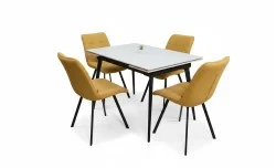 Set Masă Living Extensibilă DTM0101CS Bej cu 4 Scaune Tapițate DCM1801CF Muștar