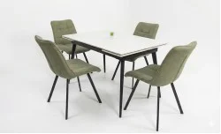 Set Masă Living Extensibilă DTM0101CS Bej cu 4 Scaune Tapițate DCM1801CF Verzi