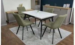 Set Masă Living Extensibilă DTM0101CS Bej cu 4 Scaune Tapițate DCM1801CF Verzi