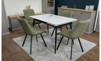 Set Masă Living Extensibilă DTM0101CS Bej cu 4 Scaune Tapițate DCM1801CF Verzi