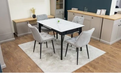 Set Masă Living Extensibilă KJT4711-1 Alb cu 4 Scaune KJC0357 Gri