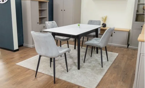 Set Masă Living Extensibilă KJT4711-1 Alb cu 4 Scaune KJC0357 Gri
