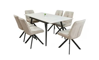 Set Masă Living Extensibilă DTM0101CS Bej cu 6 Scaune Tapițate KJC356 Bej