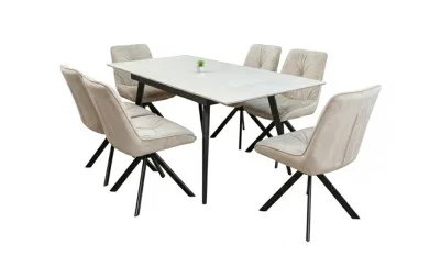 Set Masă Living Extensibilă DTM0101CS Bej cu 6 Scaune Tapițate KJC356 Bej