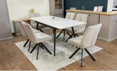 Set Masă Living Extensibilă DTM0101CS Bej cu 6 Scaune Tapițate KJC356 Bej