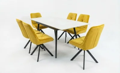 Set Masă Living Extensibilă DTM0101CS Bej cu 6 Scaune Tapițate KJC356 Galbene